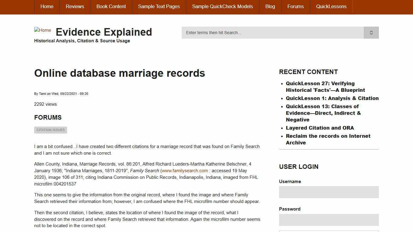 Online database marriage records Evidence Explained