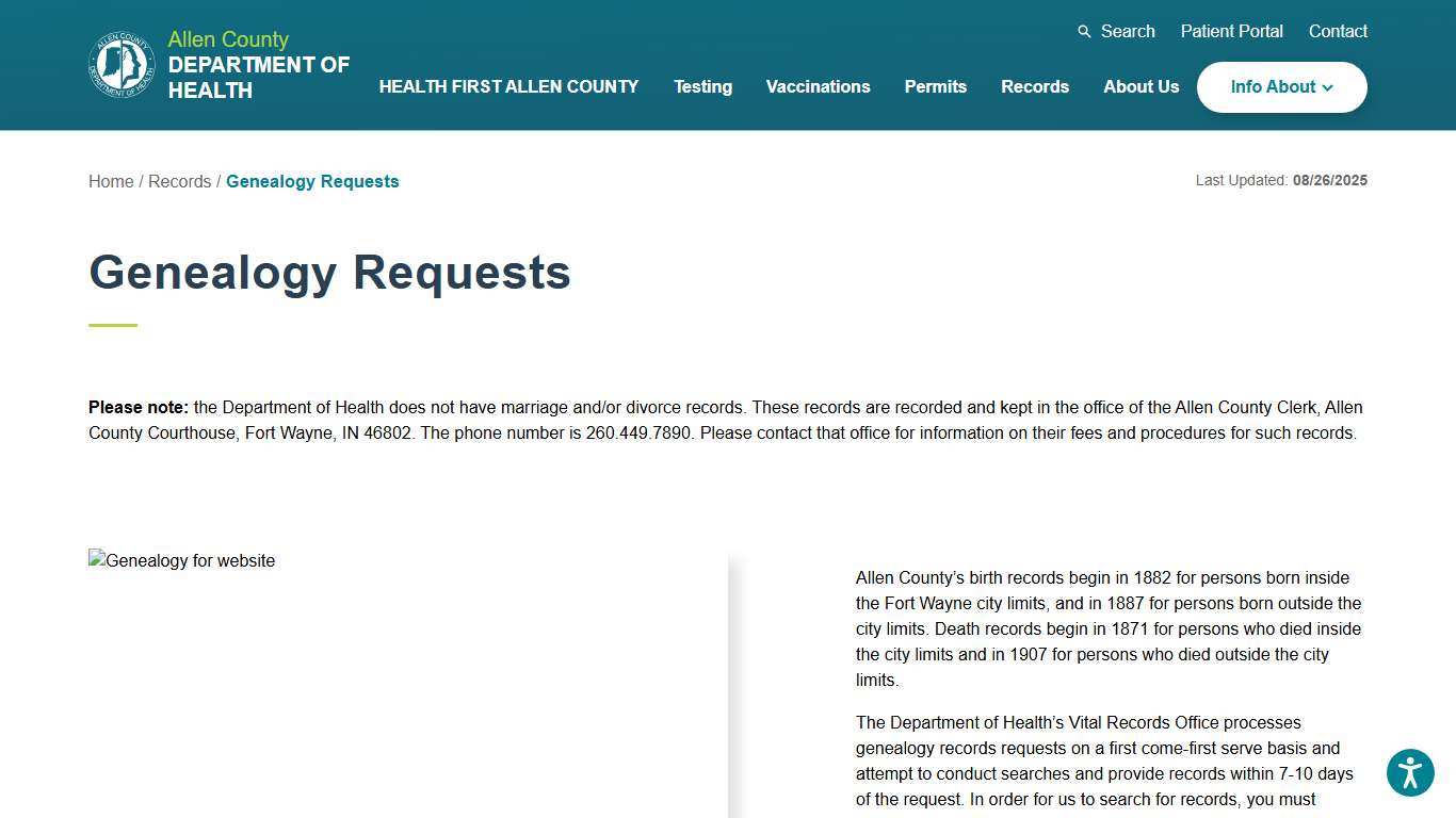 Genealogy Requests Allen County Department of Health