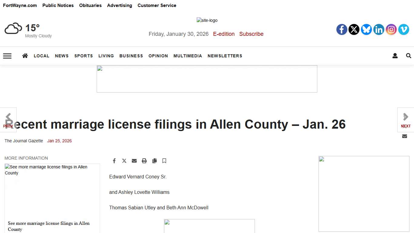 Recent marriage license filings in Allen County – Jan. 26 Marriage License Filings journalgazette.net